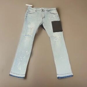 Stylish Light Blue Distressed W/Patch/Pocket Comfort Style Straight Leg Jeans